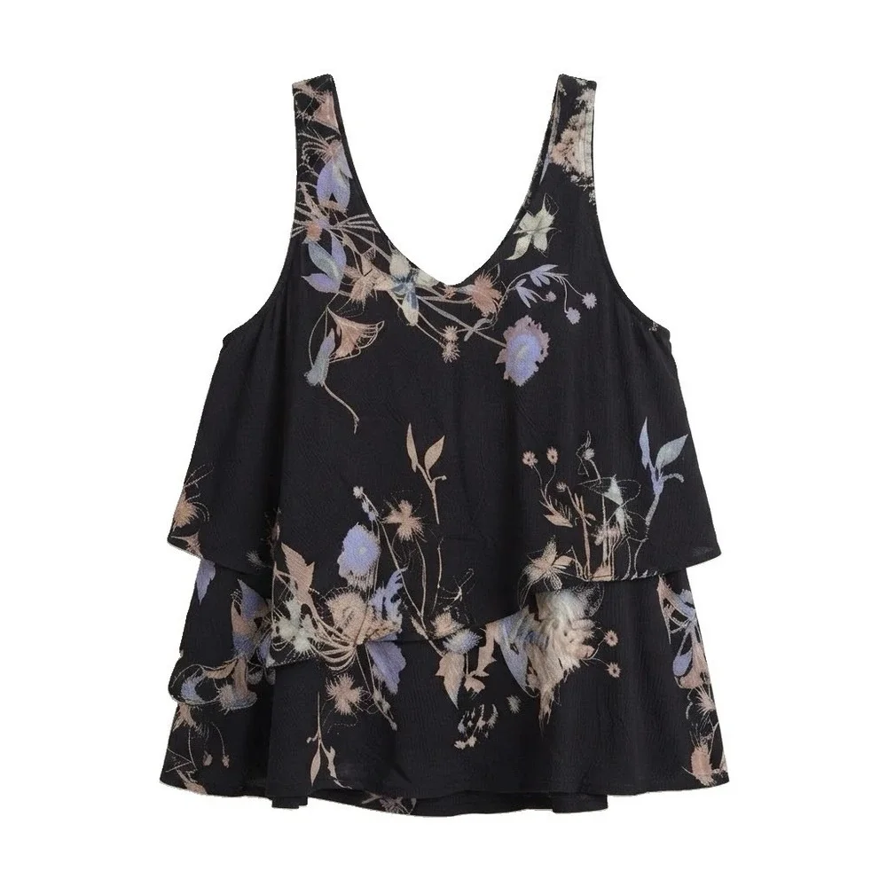 Free People Intimately Women's Size XS Black Floral V-Neck Ruffle Sleeveless Top
